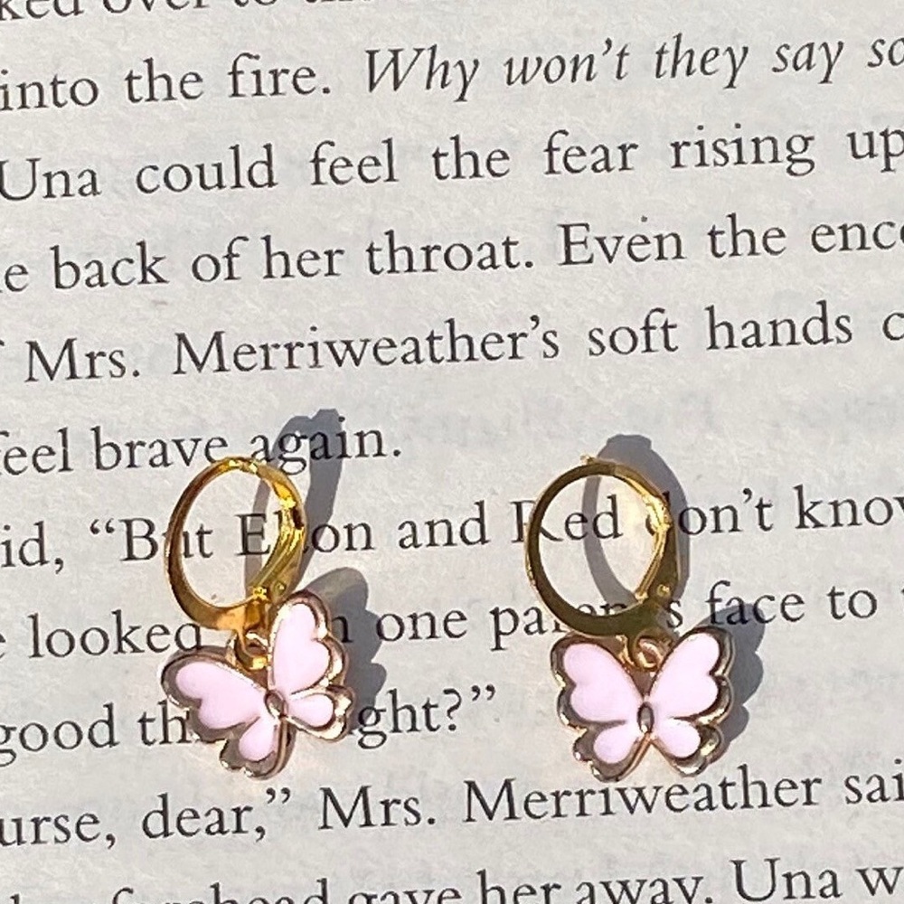 Pink butterfly gold hoop earrings